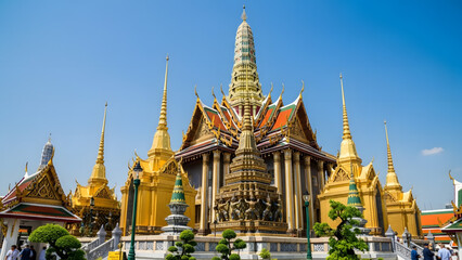 Fototapeta premium Wat Phra Kaew, Thailand, ornate Buddhist temple, rich gold details, vibrant colors