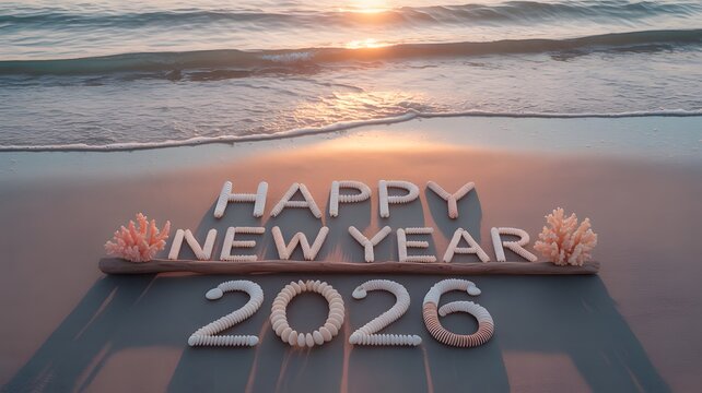 Happy new year 2026 written with shells on a beach at sunset - Powered by Adobe