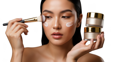 Woman applying cream foundation with brush on face holding gold jar isolated on transparent background