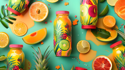 Vibrant fruit juice bottles with fresh citrus slices on colorful background