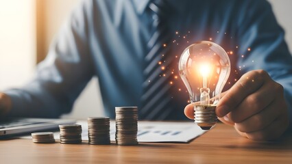 Businessman holding a glowing lightbulb with stacks of coins on a desk symbolizing innovative financial ideas and investment strategies for growth and success
