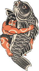 Traditional Japanese Kintaro wrestling giant koi carp tattoo art illustration.