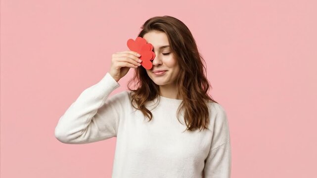 A beautiful young woman with a radiant smile playfully holds several vibrant red paper hearts over her eye, winking happily against a cheerful pink background. Her long, flowing brown hair and cozy li