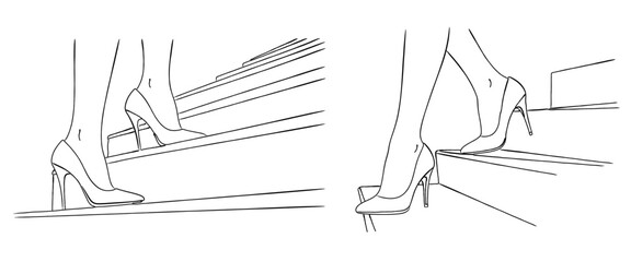 ハイヒールで階段を上る女性の足元の線画｜挑戦と成長