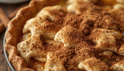 High resolution image of an apple pie spiced with generous amounts of cinnamon