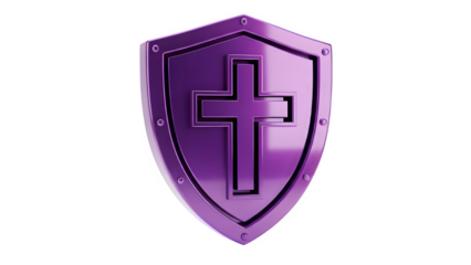 3D purple metallic shield with a cross symbol, healthcare protection or religious safety concept