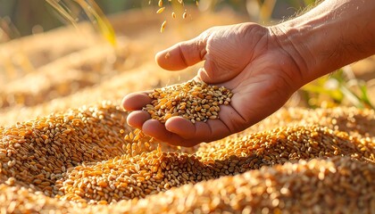 Close-up of a farmer's hand holding and releasing golden wheat grain harvest
