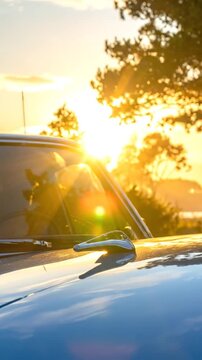 Close-up of a classic car's hood reflecting the vibrant orange sunset, lens flare and tree