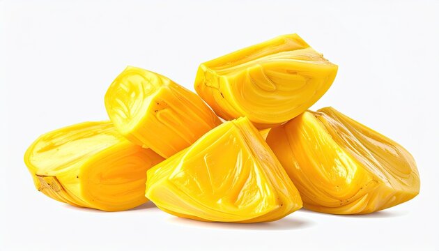 Bright yellow jackfruit wedges, cut and arranged, against a white background