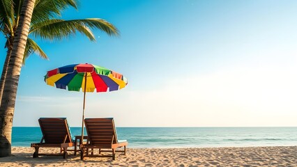 Beach scene with two chairs and a colorful umbrella under a palm tree by the ocean on a sunny day with clear blue sky