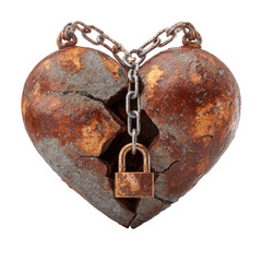 Rustic Broken Heart with Chain and Padlock Symbolizing Love Loss Isolated on Transparent Background