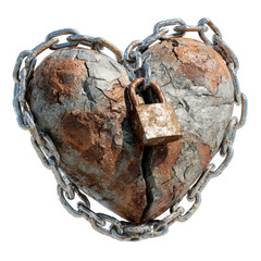 Rustic Broken Heart Shape with Chains and Padlock Symbolizing Heartbreak Isolated on Transparent Background
