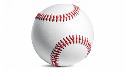 Pristine white sphere with red stitching, isolated on clean white background