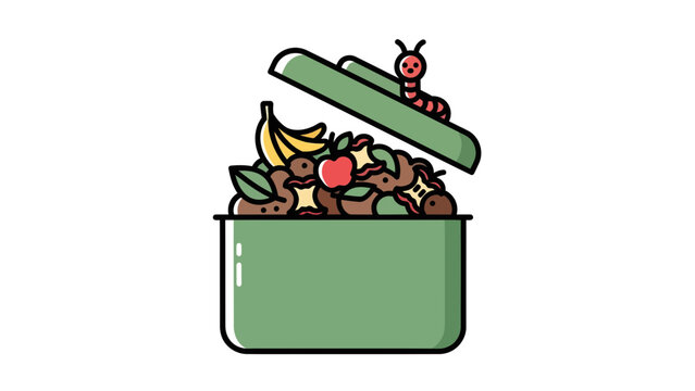 Organic compost bin illustration with food scraps and worm for sustainable recycling concept