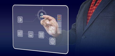 AI workflow automation concept. artificial intelligence software, Businessman uses AI Agent with Coding flow process technology, interface nodes triggers data tools