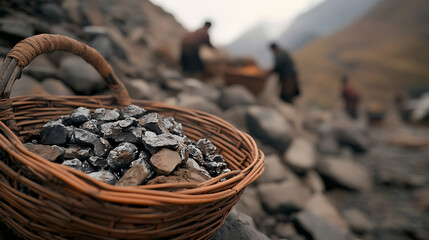 Woven basket brimming with freshly mined ore rests on a rocky terrain, portraying the strenuous labor of miners against the backdrop of a rugged, natural landscape.