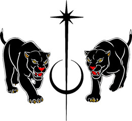 Dual black panthers flanking a celestial star and crescent moon mystic emblem.