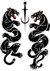 Dual black panthers flanking a celestial star and crescent moon mystic emblem.