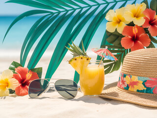 Tropical Summer Vibes: Refreshing Pineapple Cocktail, Sunglasses, and Floral Hat on Sandy Beach with Palm Fronds
