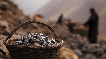 A basket overflowing with freshly mined ore sits in the foreground. Miners work in the backdrop, set against a rugged, mountainous landscape. The scene reflects the industry.