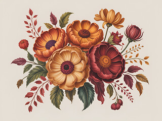 Vibrant Autumn Floral Arrangement Vector Illustration Featuring Orange and Red Flowers with Green Leaves