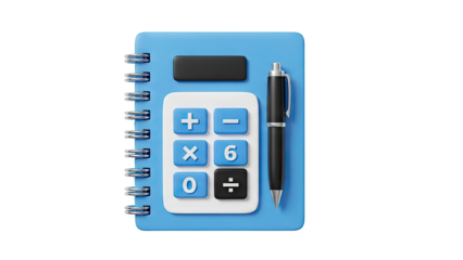 Calculator and Pen on Blue Notebook