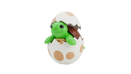 Cute baby turtle hatching from speckled egg on transparent background
