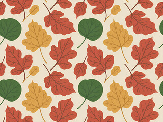 Vibrant Autumn Leaves Pattern with Red, Yellow, and Green Foliage on Cream Background Vector