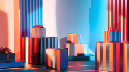 Obraz premium Vibrant gifts stacked in colorful room with striped walls and neon lights