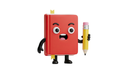 Cute Red Book Character Holding Pencil