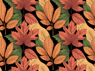 Vibrant Autumn Leaves Pattern Vector Illustration - Orange, Green, and Yellow Leaves on Black Background