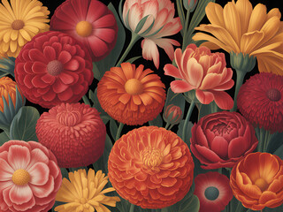 Vibrant Floral Arrangement: Stunning Digital Illustration of Red, Orange, and Yellow Flowers on Black Background