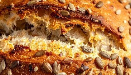 Close-up of a freshly baked artisan bread with seeds, showcasing texture and detail
