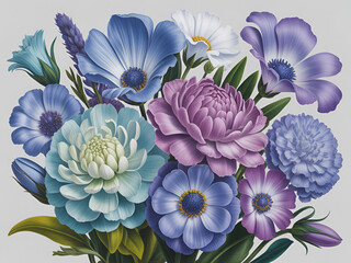 Vibrant Floral Arrangement with Blue Purple and White Blooms in Vector Illustration Style
