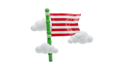 Striped Flag on Bamboo Pole with Clouds 3D Render on transparent background