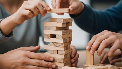 People's hands carefully stack wooden blocks to build a tower during a game