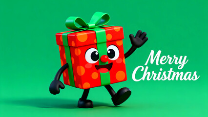 Adorable, animated 3d gift box character with a cheerful expression waves hello beside a festive "Merry Christmas" greeting text overlay