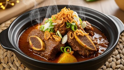 Fototapeta premium Steaming Savory Beef Short Rib Stew with Potatoes and Crispy Garnish