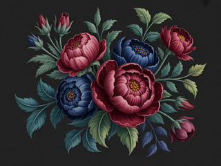 Vibrant Floral Embroidery Design with Red and Blue Peonies on Black Background Vector Graphics