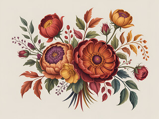 Vibrant Floral Bouquet Illustration with Warm Colors and Delicate Details on Beige Background
