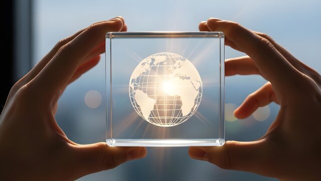 Hands gently hold a glass cube with a radiant glowing world map inside against a bright background