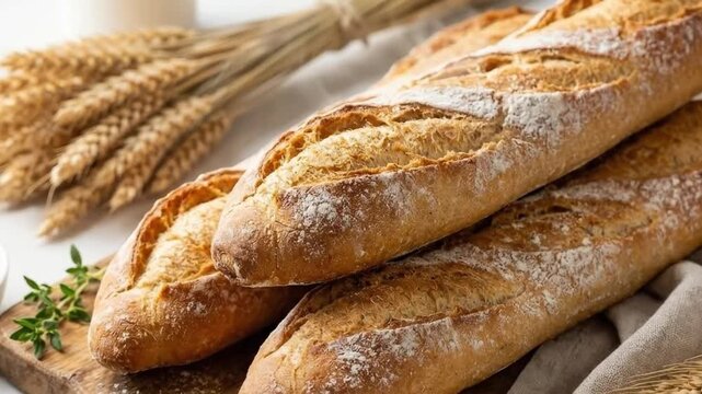 A captivating close-up highlights several freshly baked, rustic loaves of artisanal bread, prominently displaying their inviting golden-brown, crispy crusts lightly dusted with flour. The textured bre
