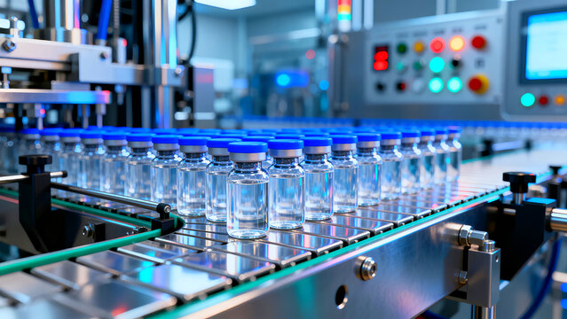 Rows of sterile glass vaccine vials with bright blue caps move along a high-tech automated pharmaceutical production conveyor belt in a controlled manufacturing facility.