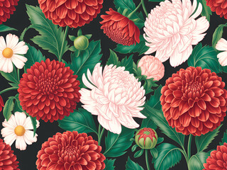 Vibrant Floral Pattern Featuring Red and White Dahlias on Dark Background Vector Illustration