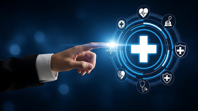 Healthcare technology concept with medical icons and hand interaction