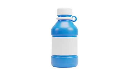Blue plastic bottle with white label and cap on transparent background