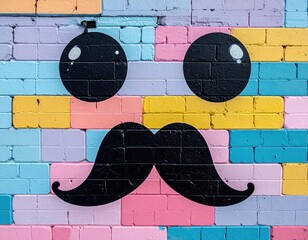 A colorful brick wall featuring a painted face with large eyes & a mustache