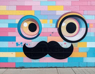 Colorful brick wall mural of a cheerful face with large eyes and mustache
