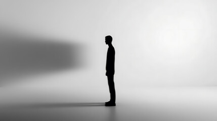 Silhouette of a man standing in a brightly lit room. Minimalist composition with a focus on light and shadow creating a contemplative atmosphere. The man is facing away from the viewer.