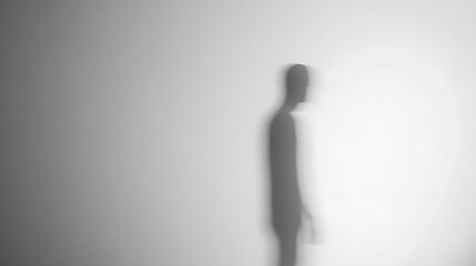 Abstract image capturing a blurry silhouette of a person against a white background. The soft focus creates a sense of mystery, ideal for conceptual or artistic representations.